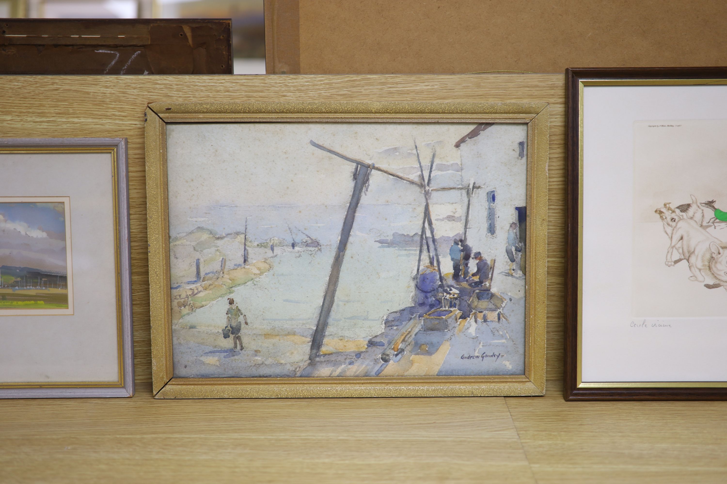 Andrew Archer Gamley (1869-1949), watercolour, Fishermen on the quay, signed, 27 x 37cm